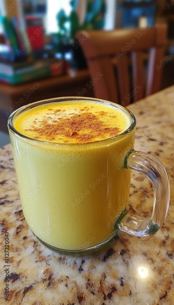 A warm, golden drink in a glass mug, topped with a sprinkle of spice, on a countertop. A warm, golden drink in a glass mug, topped with a sprinkle of spice, on a countertop.