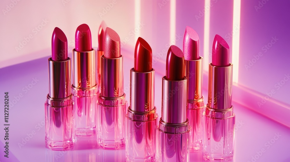 Eight lipsticks in various shades of pink and red, arranged on a reflective surface with neon pink lighting. Eight lipsticks in various shades of pink and red, arranged on a reflective surface with neon pink lighting.