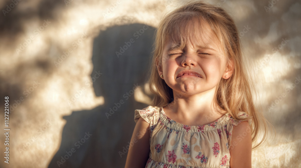 Young girl crying with long, blonde hair wearing a floral dress, standing in sunlight with a shadow of a person behind her. Young girl crying with long, blonde hair wearing a floral dress, standing in sunlight with a shadow of a person behind her.