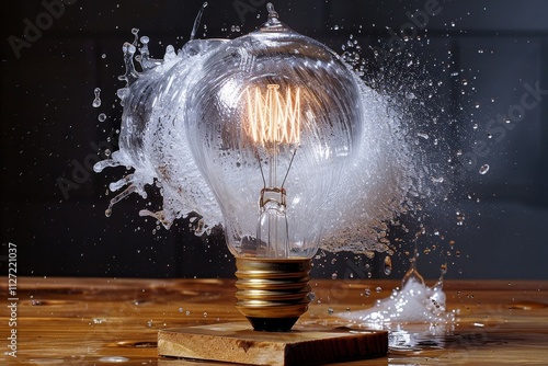 High speed capture of a traditional electric bulb exploding in a burst of light and glass shards photo