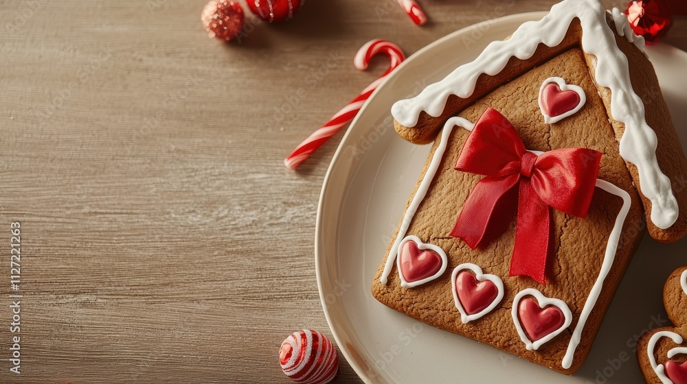 Festive gingerbread house adorned with icing hearts and a large red bow capturing the cozy joy of the Christmas season Festive gingerbread house adorned with icing hearts and a large red bow capturing the cozy joy of the Christmas season