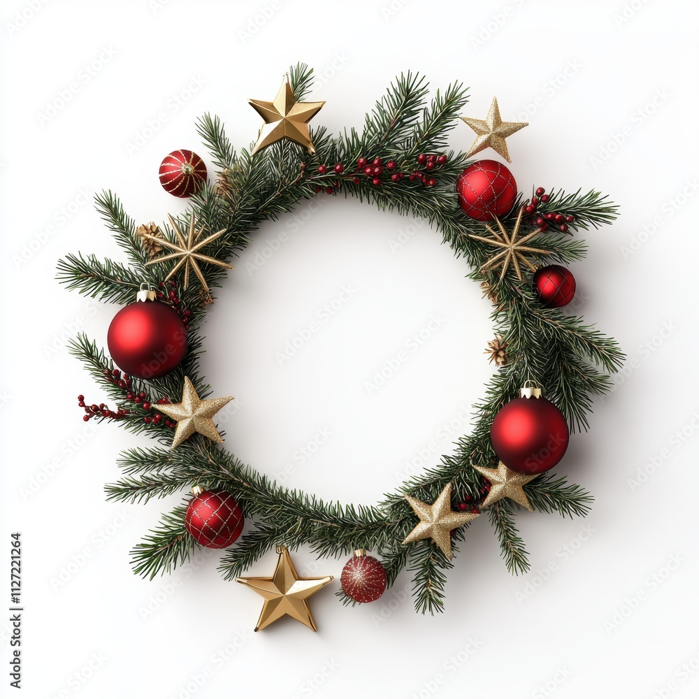 Festive garland with pine branches and red gold ornaments surrounded by stars symbolizing holiday cheer and elegant Christmas decorations Festive garland with pine branches and red gold ornaments surrounded by stars symbolizing holiday cheer and elegant Christmas decorations