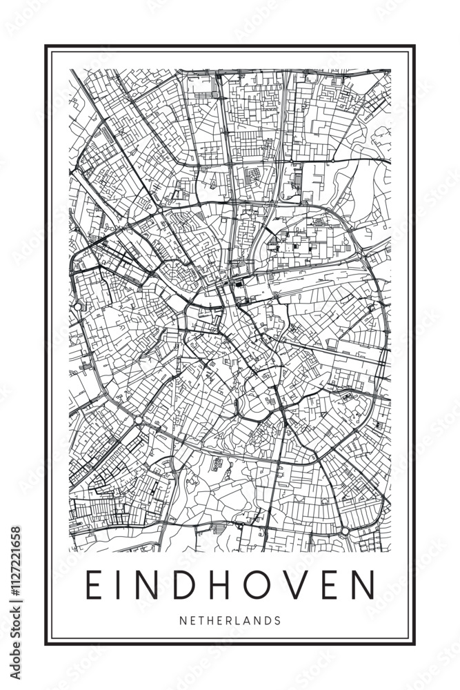 Obraz premium Printable downtown road map poster of the Dutch city of EINDHOVEN on solid white background with city name