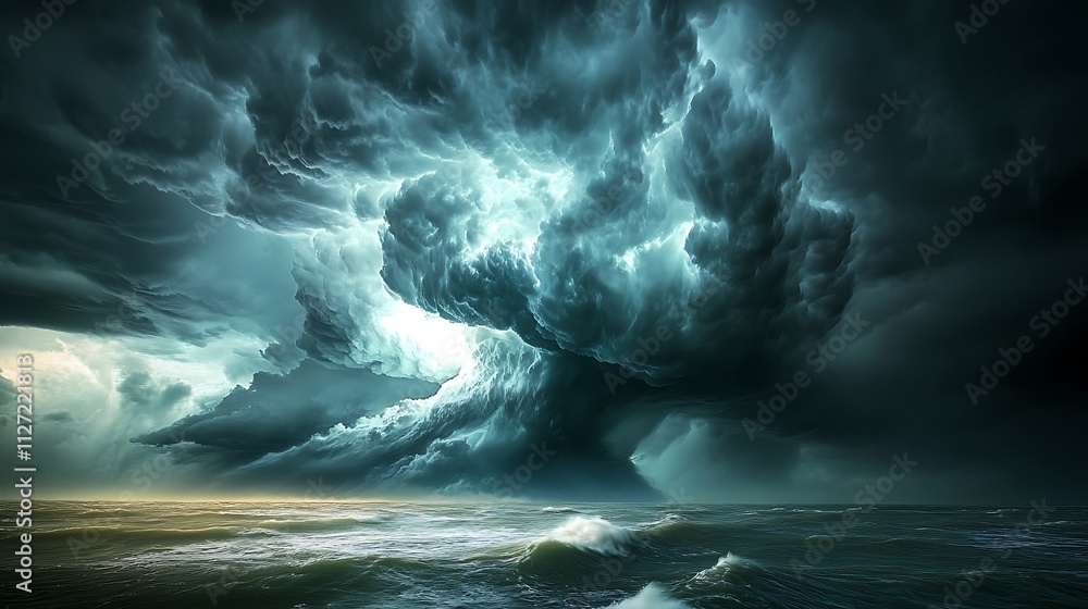 Fototapeta premium A dramatic stormy ocean scene with turbulent clouds and waves.
