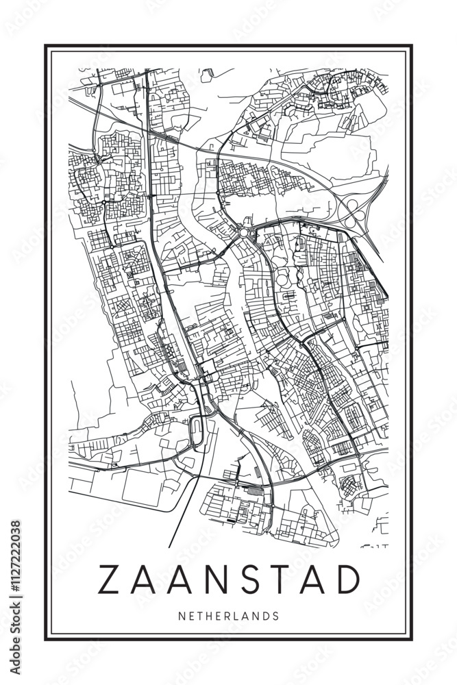 Obraz premium Printable downtown road map poster of the Dutch city of ZAANSTAD on solid white background with city name