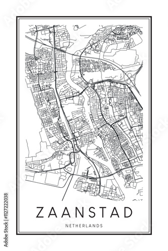 Printable downtown road map poster of the Dutch city of ZAANSTAD on solid white background with city name photo