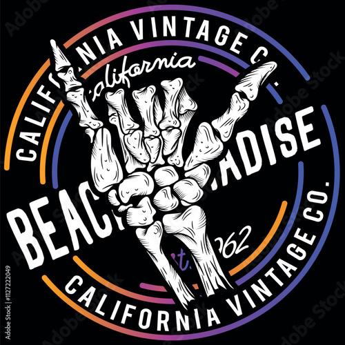 Illustration of a hand in bones making the surfer sign, accompanied by elements alluding to the beach lifestyle, fun and vacations. Patch and stitching simulation holiday season.