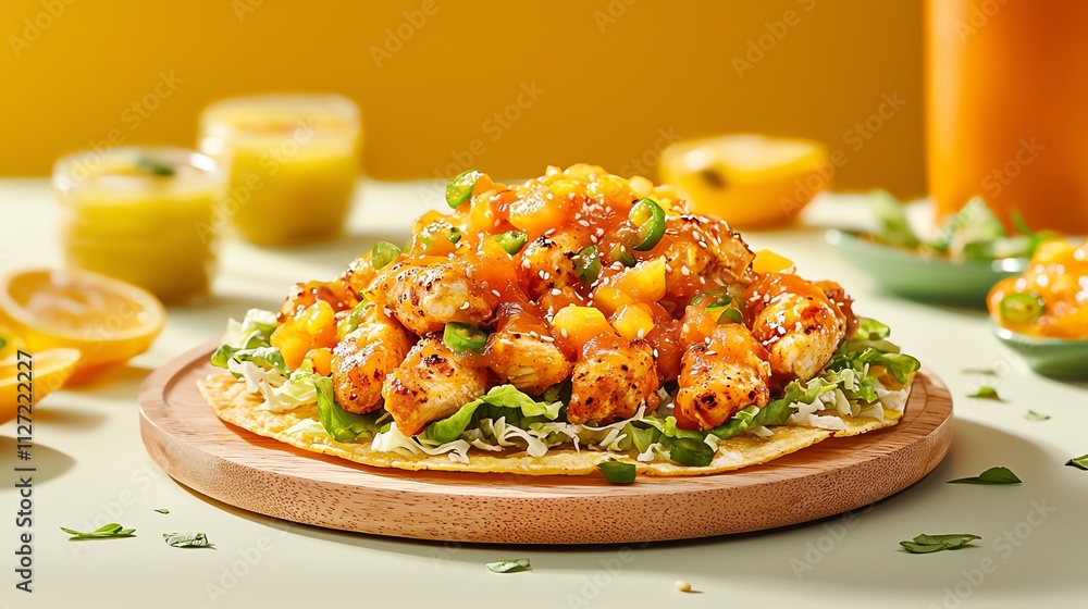 Delicious taco topped with chicken, mango, and fresh herbs, on a wooden plate. Delicious taco topped with chicken, mango, and fresh herbs, on a wooden plate.