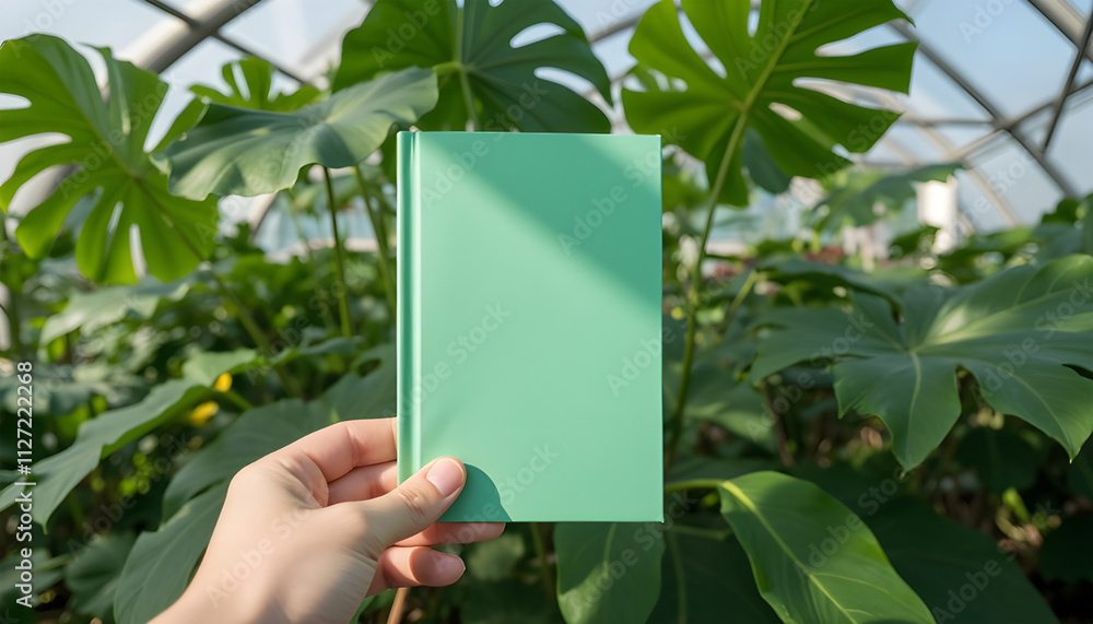 Green Book Mockup Held in Hand with Lush Greenery Background Green Book Mockup Held in Hand with Lush Greenery Background