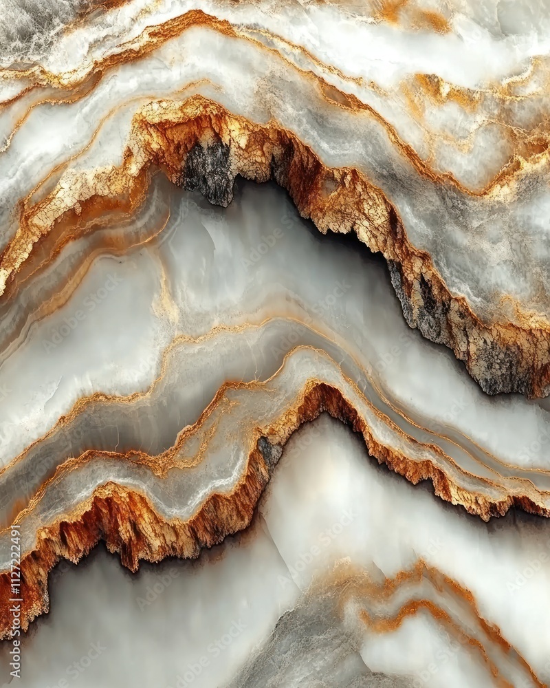 A close-up of a beautifully textured stone with flowing patterns in white, gold, and gray hues. A close-up of a beautifully textured stone with flowing patterns in white, gold, and gray hues.