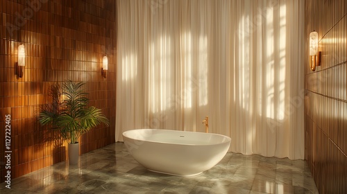 Elegant bathroom featuring a modern freestanding tub and natural light.