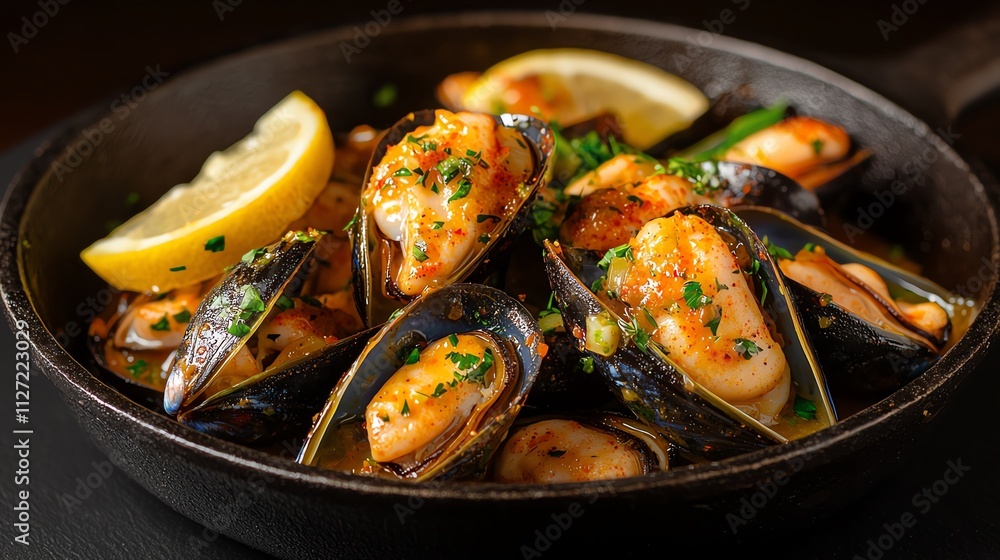 Fresh mussels cooked with lemon and herbs in a sizzling skillet. Fresh mussels cooked with lemon and herbs in a sizzling skillet.