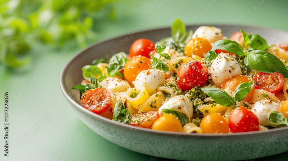 Fresh pasta salad with cherry tomatoes and basil on a green background. Fresh pasta salad with cherry tomatoes and basil on a green background.