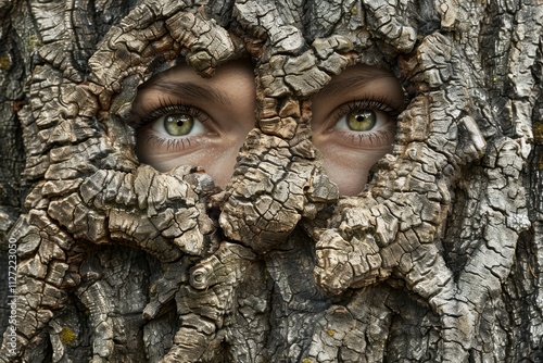 Vibrant abstract portrait of a human face created on textured wood bark with bold brush strokes photo