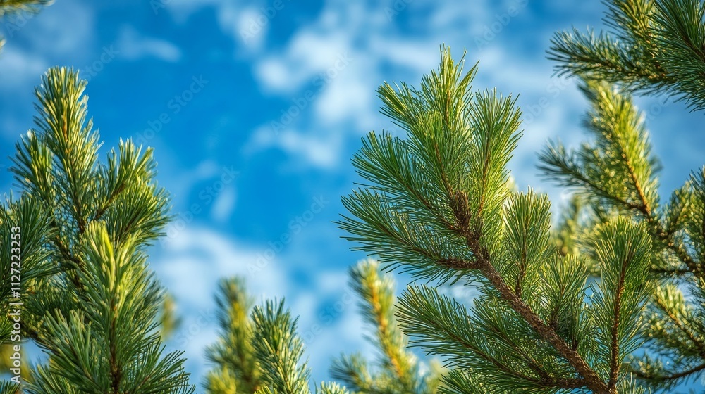 Close-up of pine branches against a blue sky with clouds. Close-up of pine branches against a blue sky with clouds.