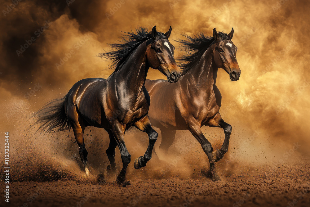 Two galloping horses kicking up dust in a dramatic, golden-hued environment. Two galloping horses kicking up dust in a dramatic, golden-hued environment.