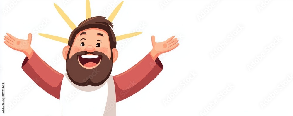 Cartoon depiction of Jesus with outstretched arms on a minimalist white background capturing warmth positivity and a message of faith Cartoon depiction of Jesus with outstretched arms on a minimalist white background capturing warmth positivity and a message of faith