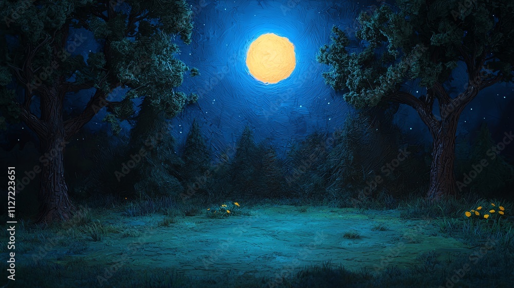 Illuminated night scene with bright moon, trees, and tranquil grassy clearing. Illuminated night scene with bright moon, trees, and tranquil grassy clearing.