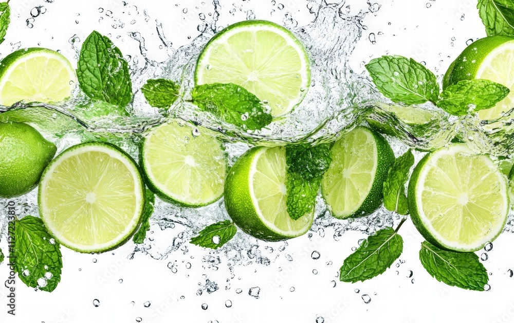 Fresh water splashing mid-air with slices of lemon, lime, and mint leaves creating a dynamic and refreshing scene on white background Fresh water splashing mid-air with slices of lemon, lime, and mint leaves creating a dynamic and refreshing scene on white background