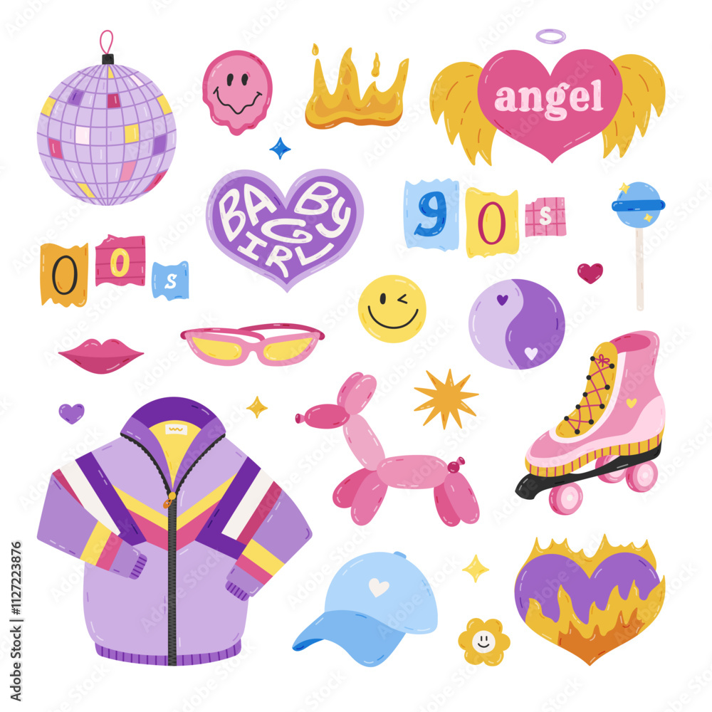 Naklejka premium Cute cartoon hand drawn Y2k set with symbols from 90s, 00s. Retro aesthetic clipart of sport jacket, disco ball, butterfly, flame, cassette, roller skate, lips. Nostalgia for 1990s vibe.
