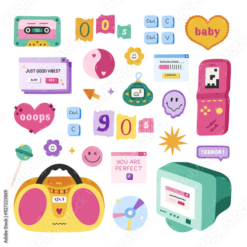 Cute cartoon hand drawn Y2k set with symbols from 90s, 00s. Retro aesthetic clipart of vintage radio, electronic toy, Oops heart, old PC, cassette tape, yin yang. Nostalgia for 1990s vibe isolated