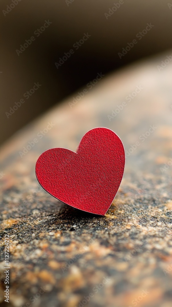 Fototapeta premium A red heart cutout rests on a stone surface, representing emotional pain during Valentine's Day. The backdrop is a stark black, emphasizing the heartbreak theme