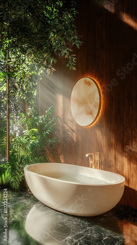 Modern bathroom with a soothing atmosphere, marble flooring and natural light. photo