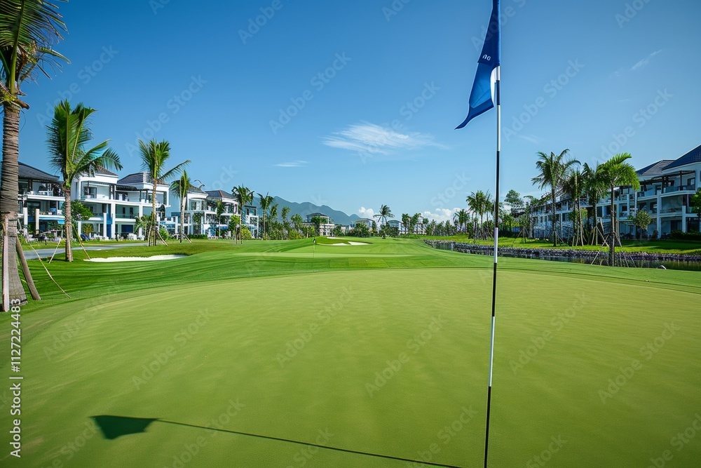 Obraz premium Stunning panoramic view of a lush green golf course surrounded by beautiful scenery