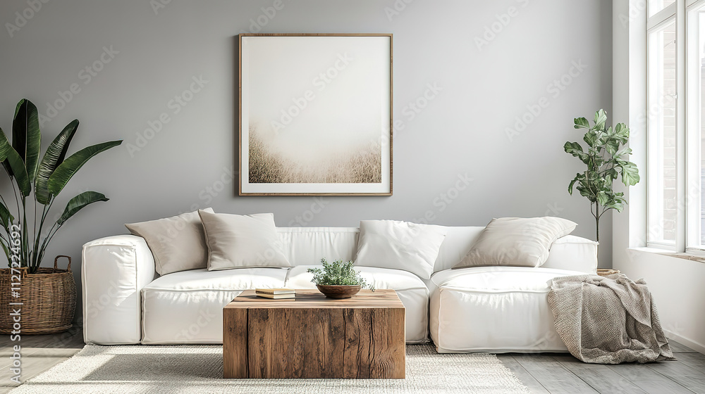 Naklejka premium Elegant Home Interior with Wooden Coffee Table, White Sofa, and Art Poster on Grey Wall