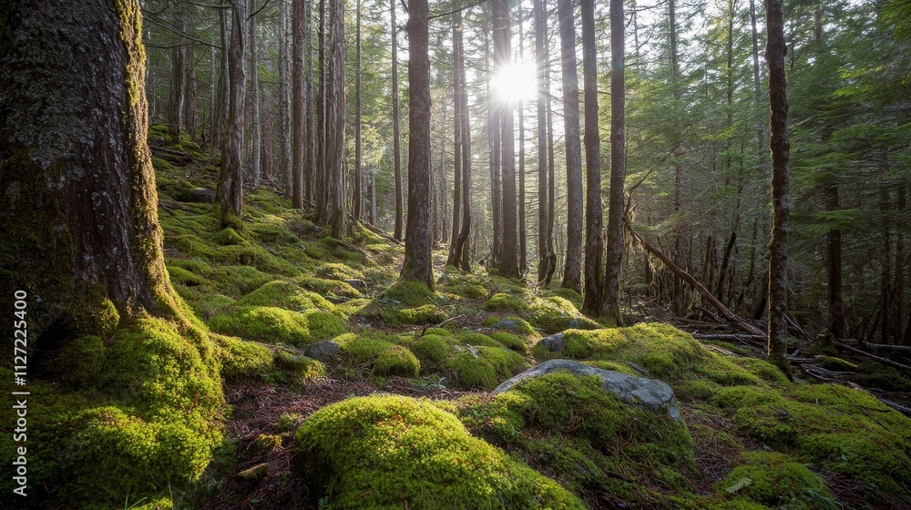 Obraz premium Serene forest scene with sunlight filtering through tall trees onto a moss-covered ground.