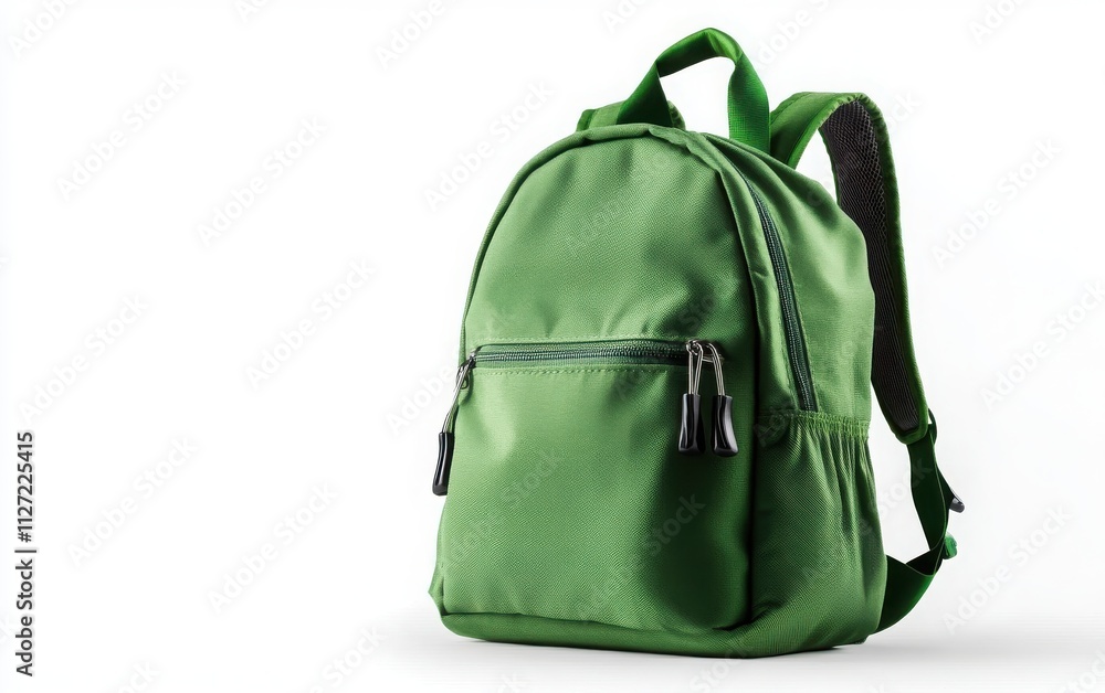 Fototapeta premium A green school backpack on a white background, captured in high resolution with professional color grading, soft shadows, and a clean