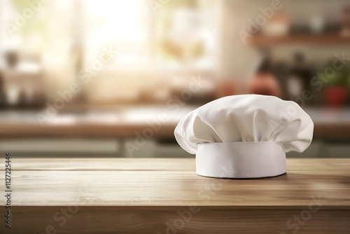 Chef's hat on a rustic wooden table in a modern kitchen, showcasing culinary creativity and warmth, inviting flavors to come alive through inspired cooking moments photo