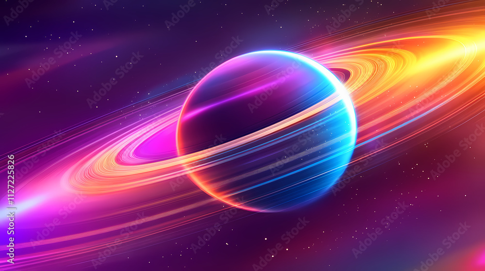 Obraz premium Saturn and its rings at an oblique angle in neon colorful lights, digital shapes design, bright color wallpaper. Oblique. Illustration