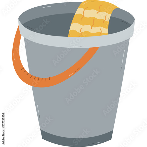 Cute cartoon plastic bucket with rag in it for washing floor and cleanse apartment. Hand drawn pail with cloth for wet cleaning. Funny equipment from dust and dirt isolated on white background