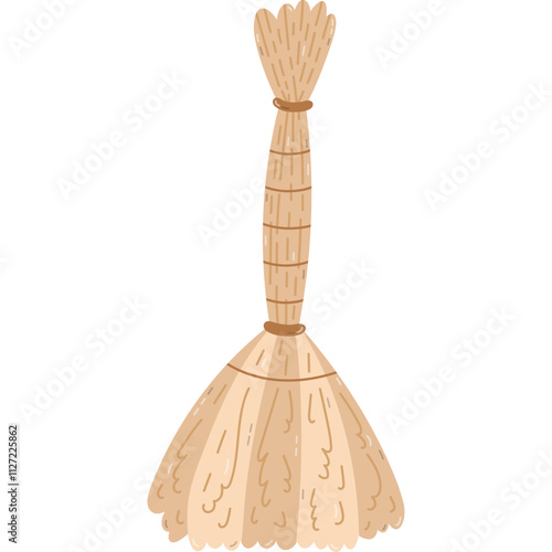 Cute cartoon broom to sweep dust from floor and carpet. Hand drawn sweeping brush to dry cleanse of apartment. Funny clipart of tool for maintenance clean home isolated on white background.