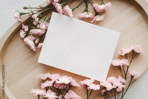 A photo of a white blank card on a wooden tray surrounded by pink flowers photo