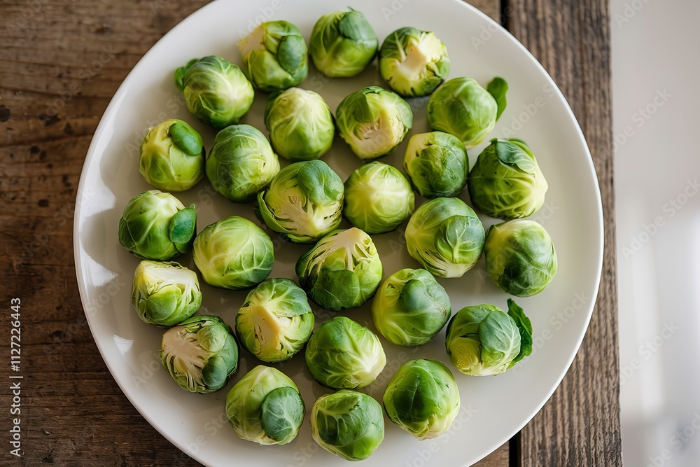 A photo of a white plate filled with fresh Brussel sprouts