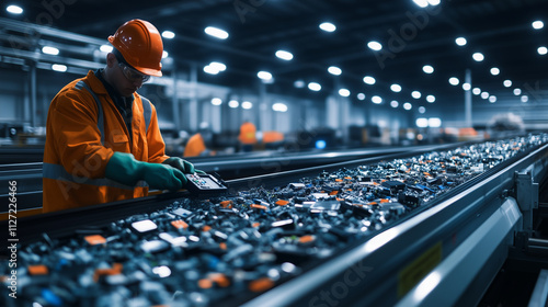 Wallpaper Mural A large disposal center with conveyor belts moving electronics, as a worker sorts batteries and cables into separate bins under a high industrial ceiling Torontodigital.ca