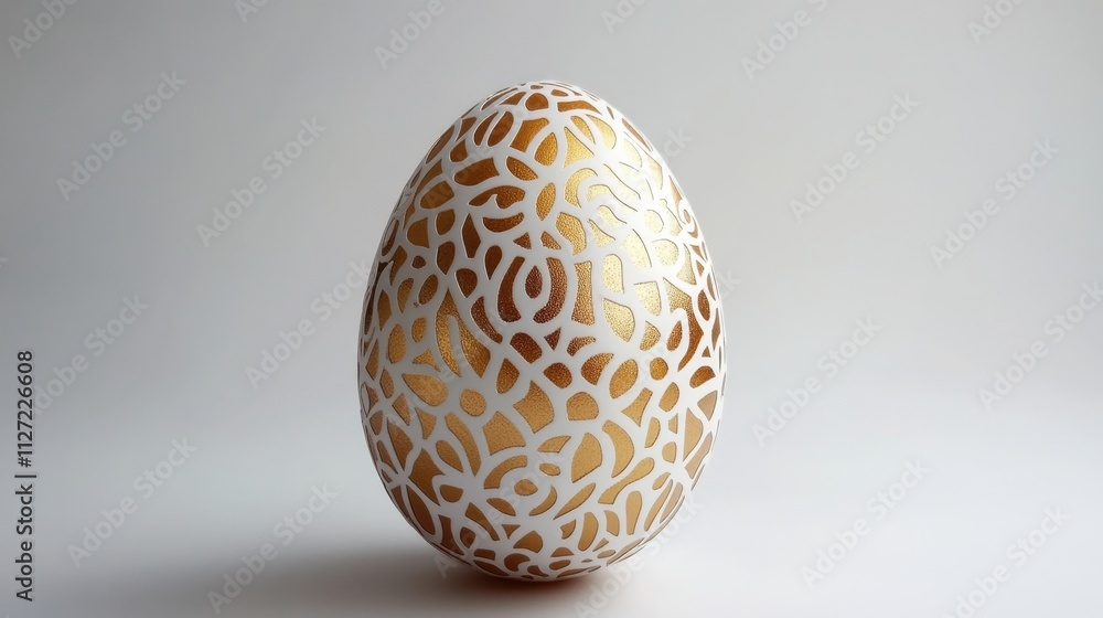 A beautifully patterned golden egg glimmers against a pristine white background, highlighting its unique and festive design. A beautifully patterned golden egg glimmers against a pristine white background, highlighting its unique and festive design.