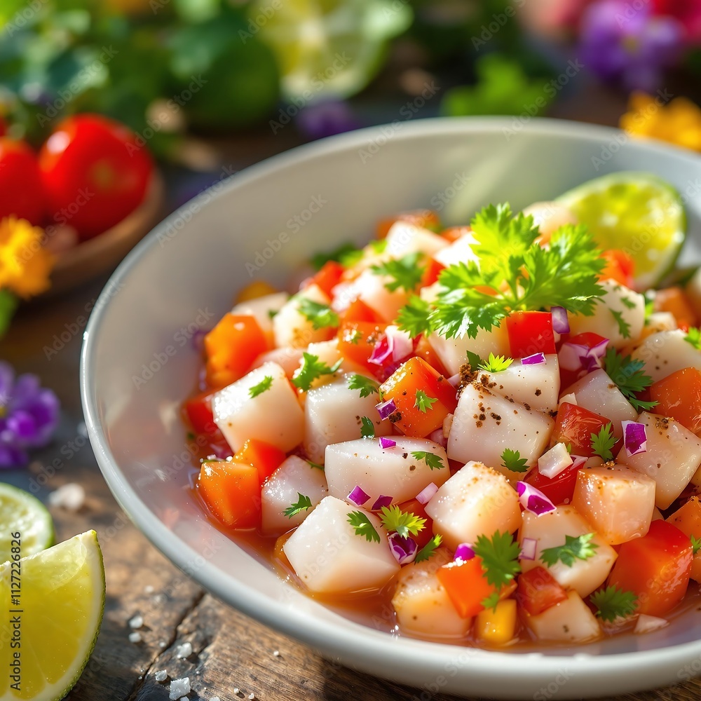 Close-up Photograph of Fresh Ceviche with Lime, Tomatoes, and Cilantro Close-up Photograph of Fresh Ceviche with Lime, Tomatoes, and Cilantro