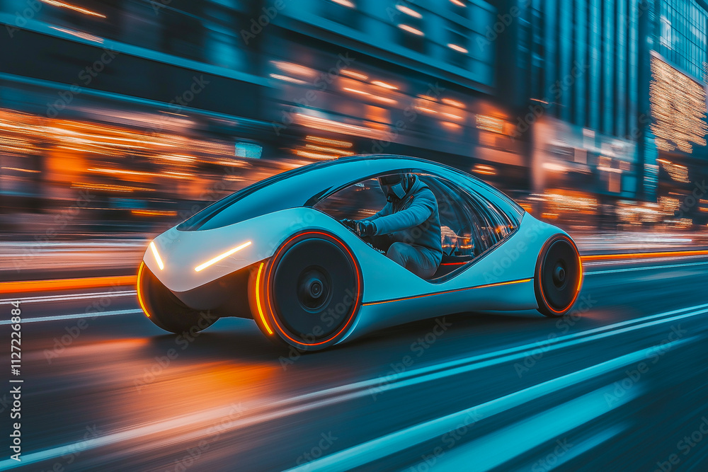 An image with futuristic vehicles rushing through the city streets. Design of various covers, postcard An image with futuristic vehicles rushing through the city streets. Design of various covers, postcard