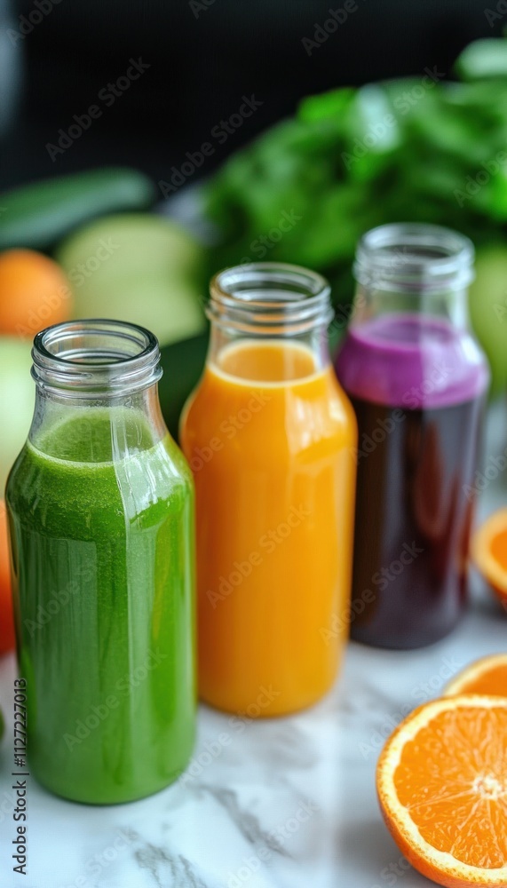 Three colorful juice bottles surrounded by fresh fruits and vegetables on a marble surface. Three colorful juice bottles surrounded by fresh fruits and vegetables on a marble surface.