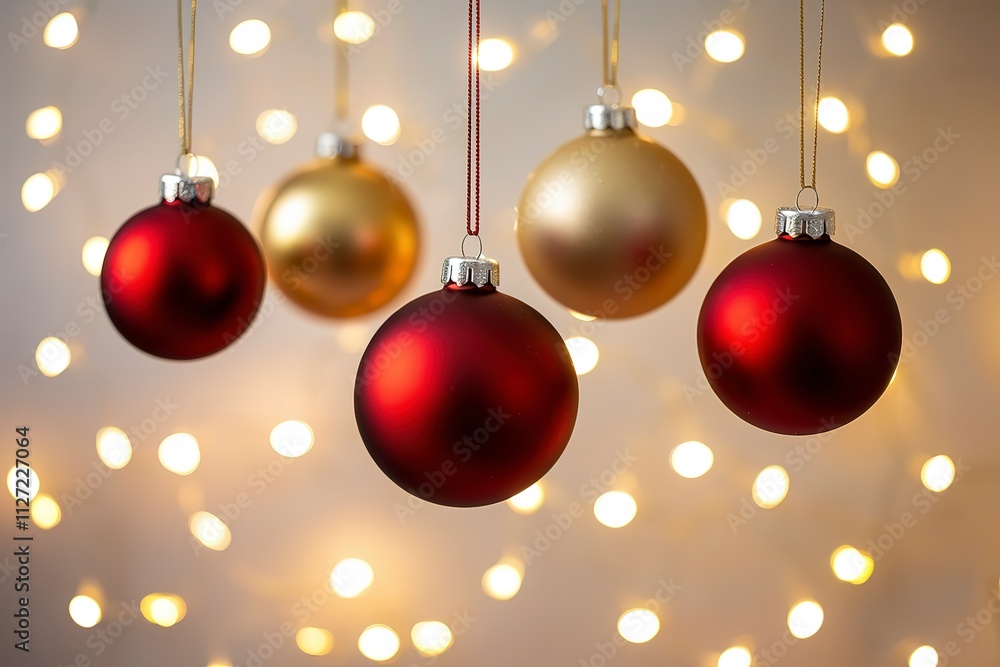 A photo of four hanging ornaments against a backdrop of soft, glowing lights A photo of four hanging ornaments against a backdrop of soft, glowing lights