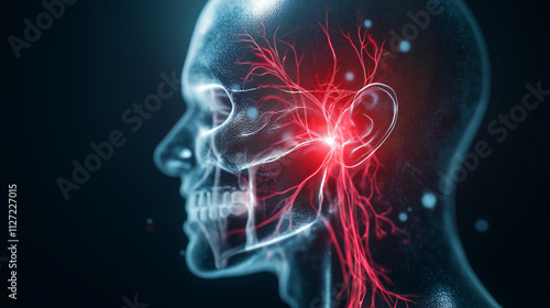 A 3D medical illustration of the trigeminal nerve branching across the face, with a red glowing area highlighting pain near the jaw and cheek, accompanied by text explaining trigem