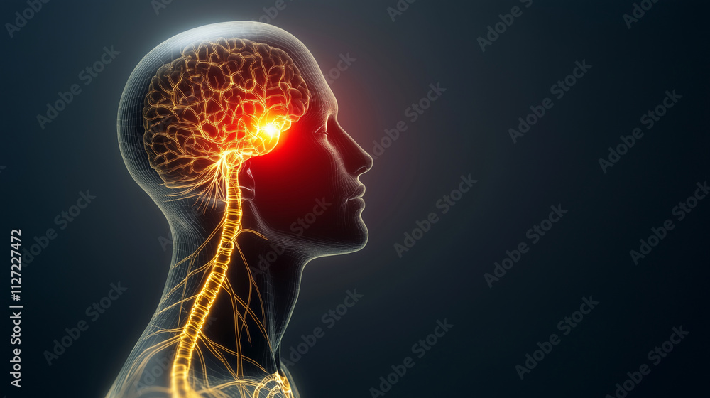 A head silhouette with detailed trigeminal nerve branching in yellow, a vivid red zone on the cheek indicating pain, and a sidebar with concise information about neuralgia and ther A head silhouette with detailed trigeminal nerve branching in yellow, a vivid red zone on the cheek indicating pain, and a sidebar with concise information about neuralgia and ther