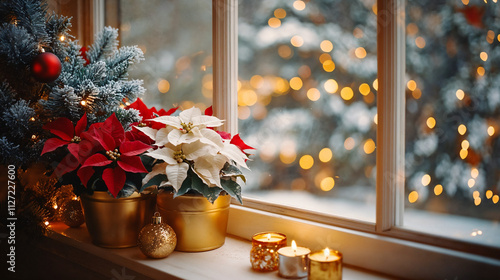 Poinsettia flowers on Xmas holiday windowsill with festive golden lights, perfect for elegant Christmas decor and background use