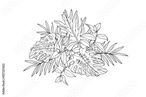 Monochrome tropical leaf bouquet vector illustration painted by black ink. Hand painted graphic palm, tradescantia and monstera foliage for design shops, print, greeting card, invitation, logo