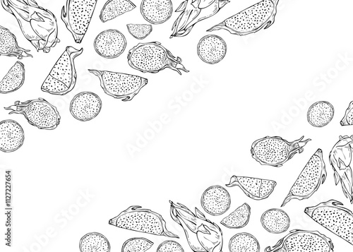 Monochrome pitahaya fruit hand drawn vector horizontal frame with empty space for text. Aromatic dragon fruit slices etching drawing border for label design, invitation, greeting cards
