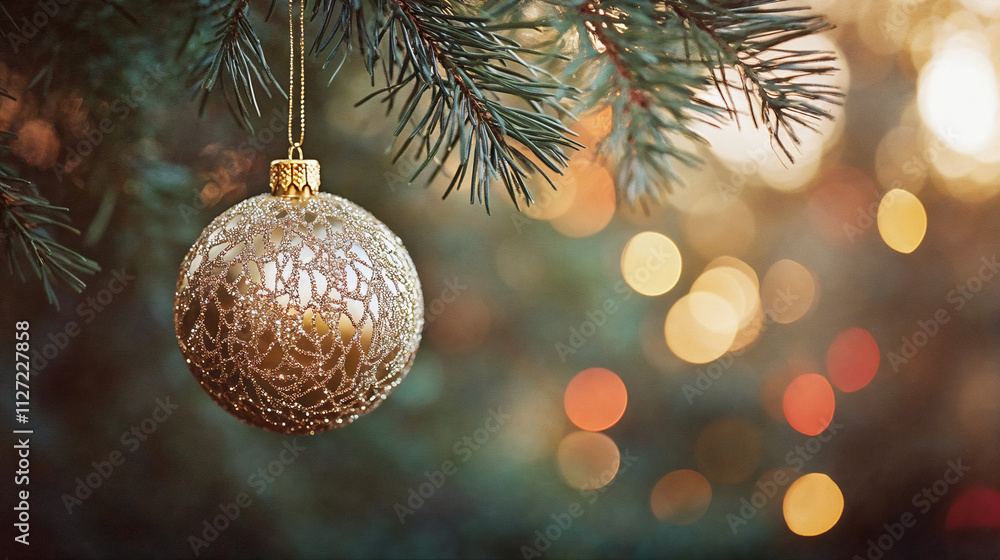 Glittering gold Christmas ornament hanging on a Xmas holly branch with red berries, perfect for traditional holiday decor background banner Glittering gold Christmas ornament hanging on a Xmas holly branch with red berries, perfect for traditional holiday decor background banner