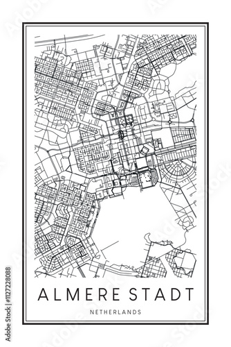 Printable downtown road map poster of the Dutch city of ALMERE STADT on solid white background with city name